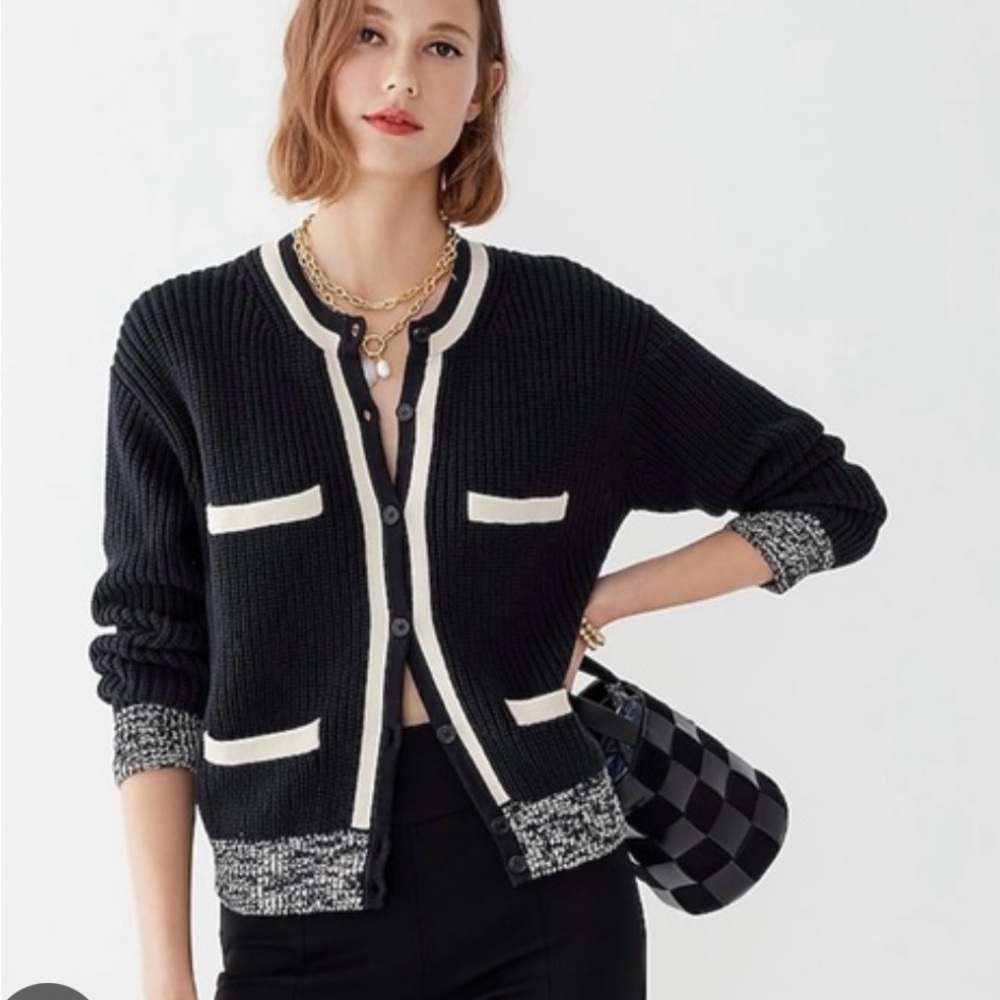 J. Crew Front pocket cotton Cardigan Sweater, Size M, black and cream